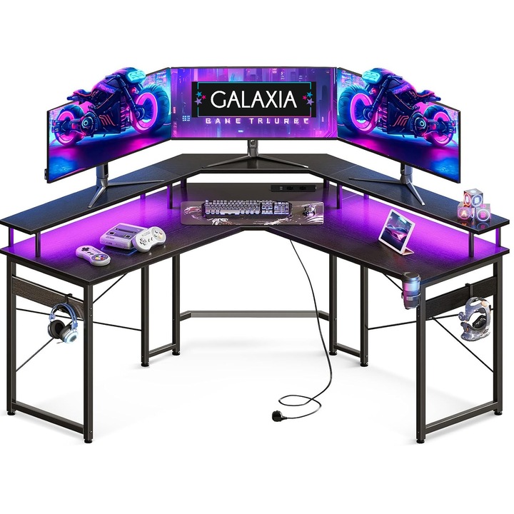 Galaxia® Геймърско бюро 129x129x89 см, черно, с LED, стойка за слушалки, поставка за чаша, 2x USB, 2x 230V