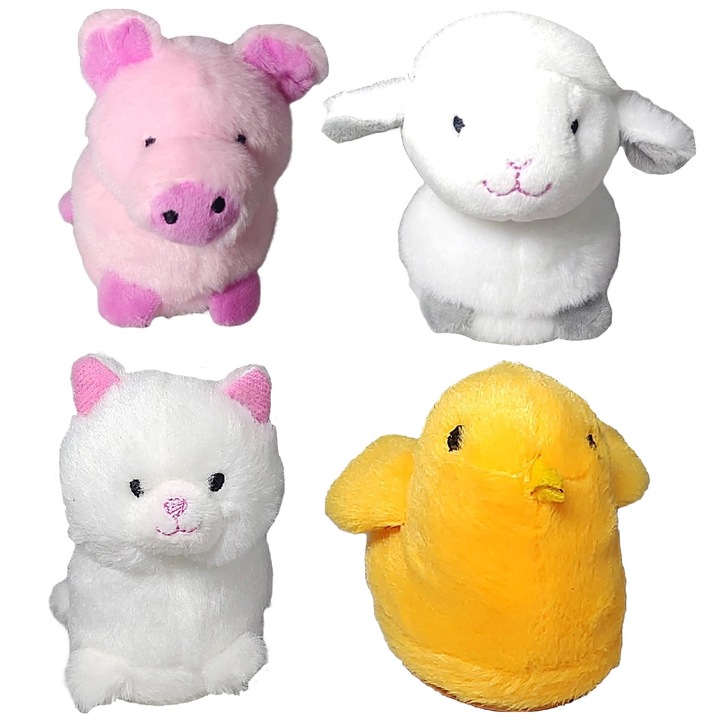 Комплект от 4 плюшени животни със звуци, пиле, овца, прасенце, котка, 8 см