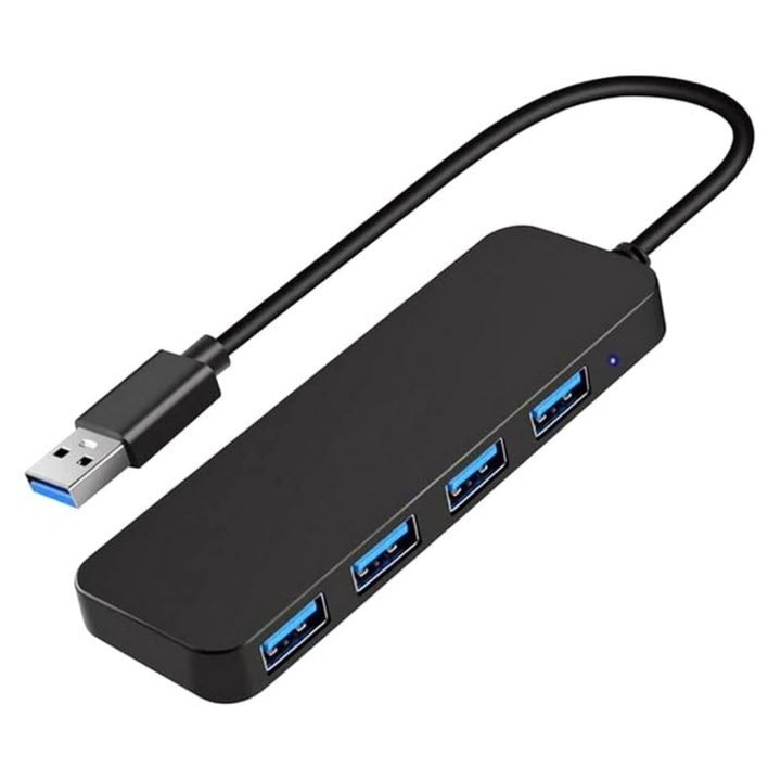 USB 3.0 elosztó 4 porttal, USB bővítő, gyors adatátvitel, kompatibilis laptopokkal, Xbox-szal, PS4-gyel, fekete