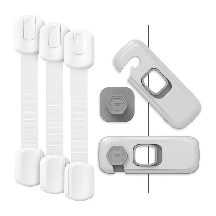 Gyermek biztonsági zár készlet, 3 külső ajtózár és 2 állítható fiókzár, fehér