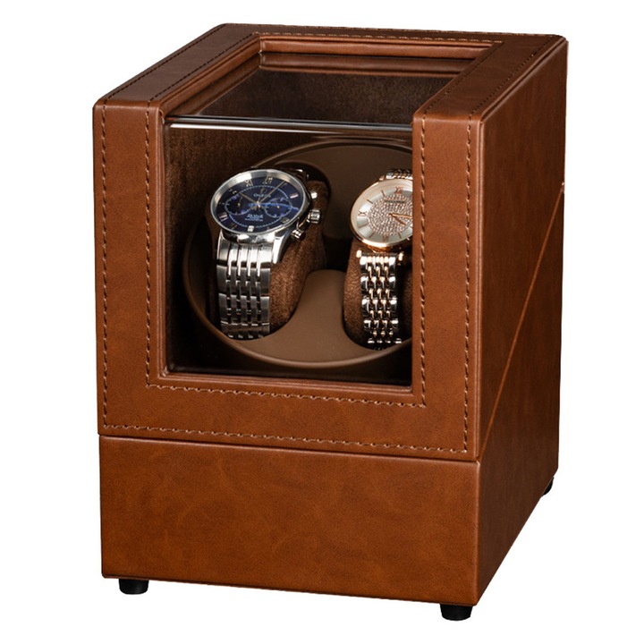 Cutie Intors Ceasuri, Fudisenn®, Cutie pentru intors ceasuri automatice, Silentioasa, cu Spatiu de Depozitare pentru 2 Ceasuri Mecanice, cu USB - DC, Exterior din piele, Fereastra Transparenta, 14 x 16 x 18.5cm, Maro