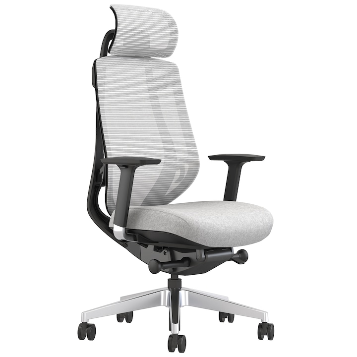 Scaun ergonomic StableDesk GRAVITY, Armrest 4D, Reglare tetiera 2D, Suport lombar, Inaltime reglabila, Blocare inclinare in 5 pozitii, Certificat BIFMA, Sezut textil, Spatar din Plasa - Gri / Negru