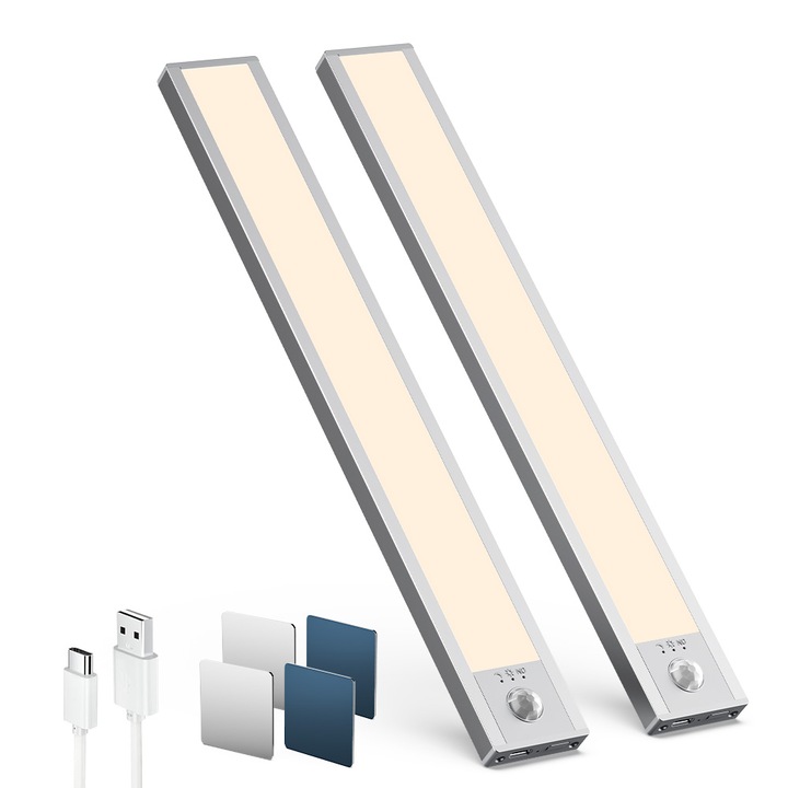 Lampa LED cu senzor de miscare LROLTEF, Lungime 21cm, 2 bucati, dimabila, reincarcabila USB, 1500mAh