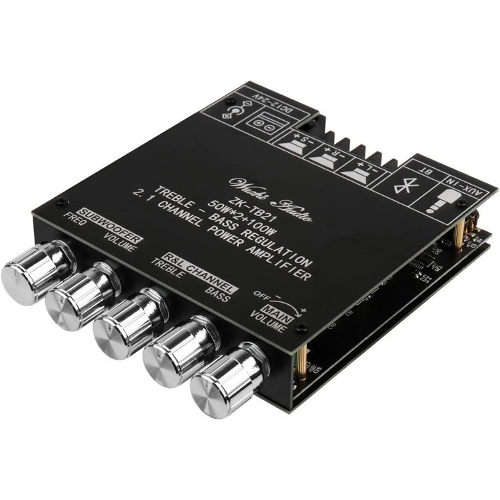 Placa amplificatoare audio Bluetooth 2.1CH, 50W x 2 + 100W, control treble si bass, dimensiuni 12x10x1.8cm