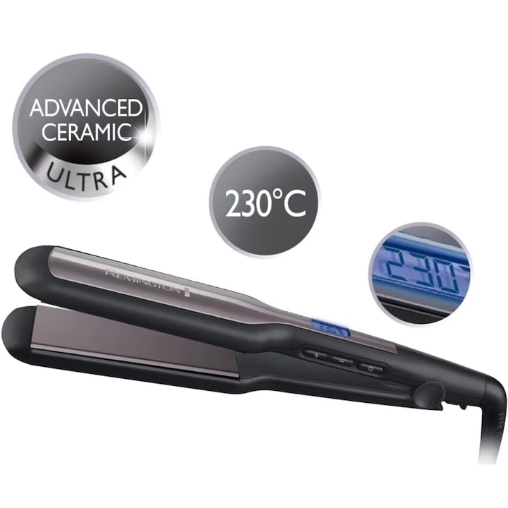 Placa de indreptat parul Remington, ceramica, 5 setari de temperatura, 230°C, 110mm, mov/negru, cablu pivotant 1.8m