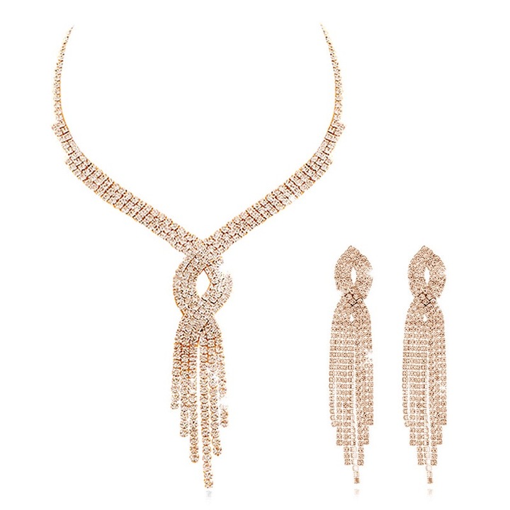 Set bijuterii dama FELIXPART, colier cu franjuri, cercei cu cristale, auriu