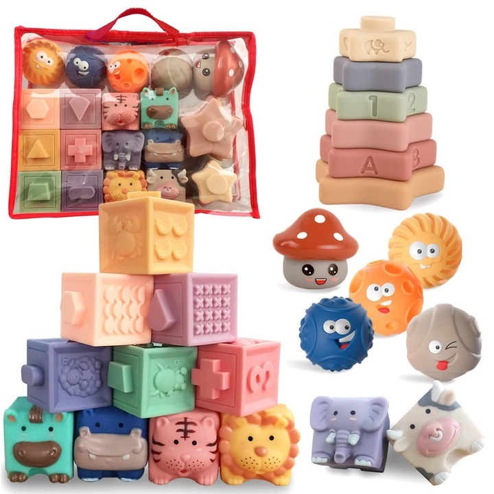Интерактивна бебешка играчка, BYONDSELF®, 23 части, силикон, Монтесори, цифри, форми и животни, безопасна за дъвчене, подходяща за бебета с никнене на зъби, 6-12 месеца