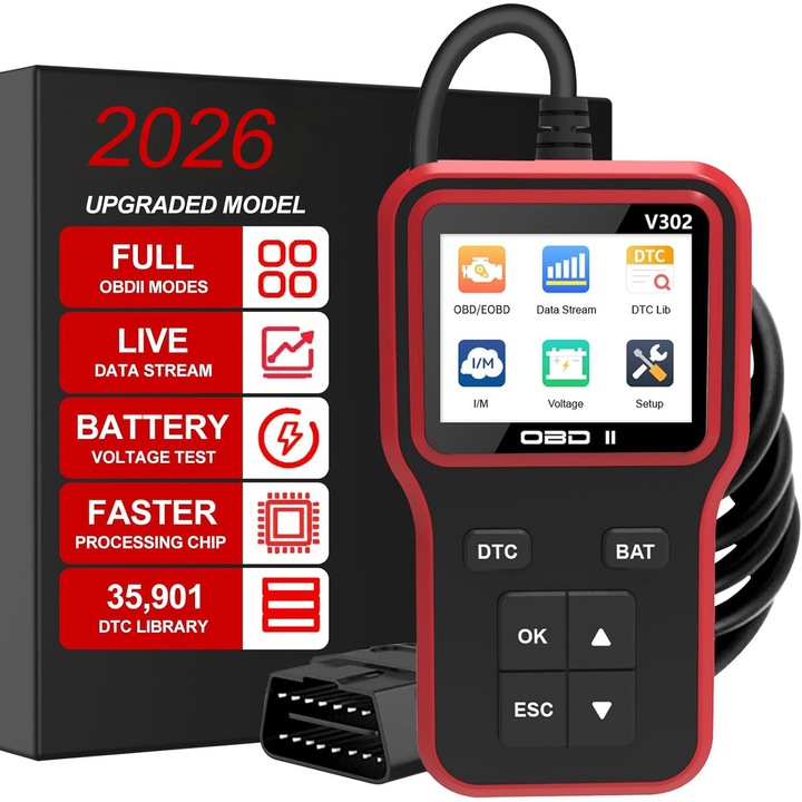 Tester Diagnoza Auto cu Tester de Baterie – Cititor coduri auto pentru martorul „Check Engine”, Plug & Play, instrument de diagnostic pentru toate vehiculele OBDII fabricate dupa 1996