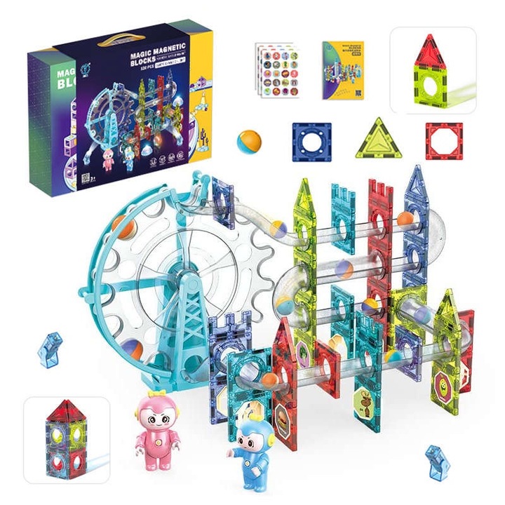 Mágneses építőkészlet, 120 darabos, 2D és 3D konstrukcióhoz, világító golyókkal, nem mérgező anyagokkal