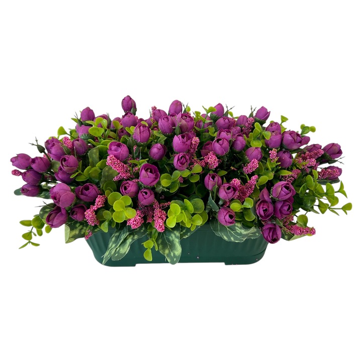 Jardiniera ingusta cu flori artificiale, Dady, din trandafiri boboci mov fucsia si verdeata decorativa artificiala, 35x20x22 cm