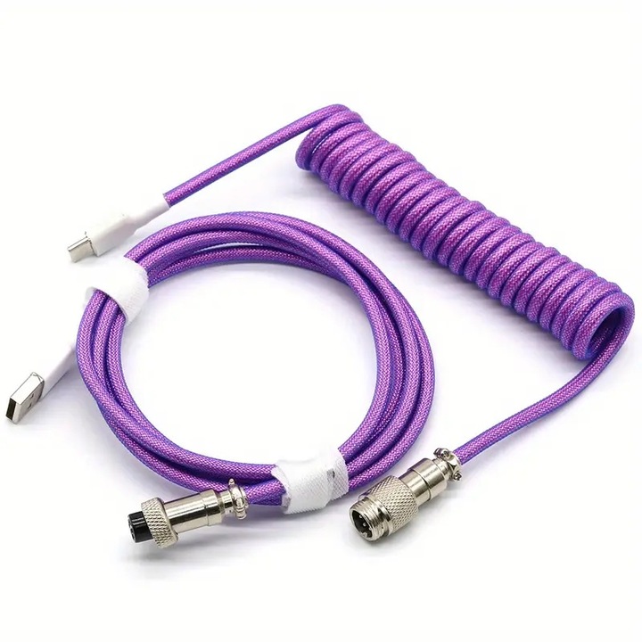 1,5 méteres fonott tekercses kábel játékbillentyűzethez, C-típusú USB-A-hoz, prémium minőségű levehető Aviator csatlakozóval - Rugalmas, tartós és kompatibilis billentyűzettel és táblagépekkel - lila