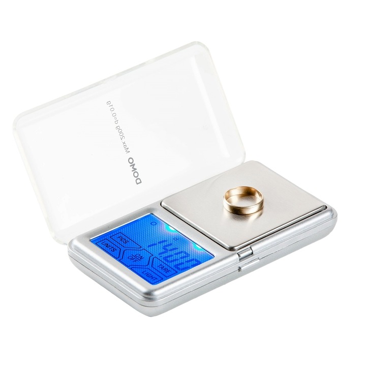 Cantar digital de buzunar DOMO, cantarire precisa, unitati de masurare carat/gr/lb/oz, capacitate maxima 200 g, functie Tara, control touch, ecran LCD, oprire automata, cu baterii AAA, inox