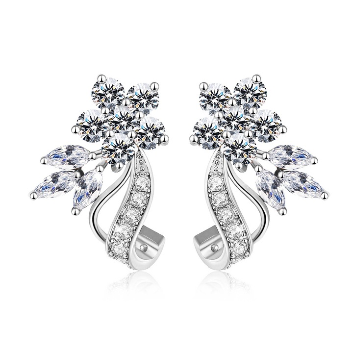 Cercei stud flori, FELIXPART, metal, cristale CZ, 2.5x1cm, alb