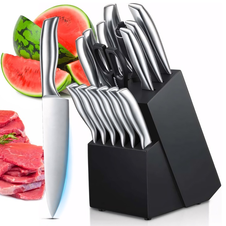 Комплект кухненски ножове RETOO HomeSmart, 16 части, неръждаема стомана, черен опорен блок, първокласен дизайн, включва ножици, острилка и нож за хляб, идеален за рязане на месо, зеленчуци, плодове, ергономична дръжка, висока устойчивост