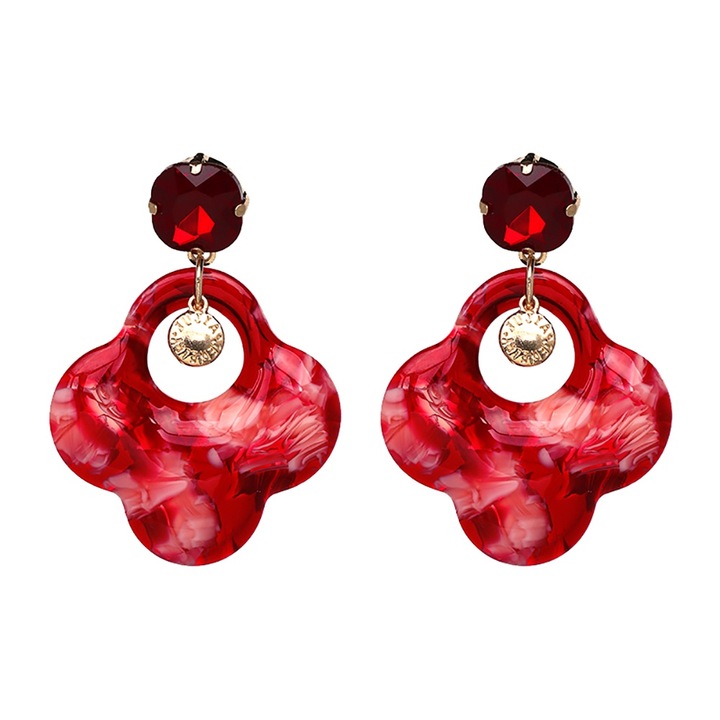 Cercei damă la modă cu trifoi cu patru foi și diamante, pandantiv, bijuterii roșii