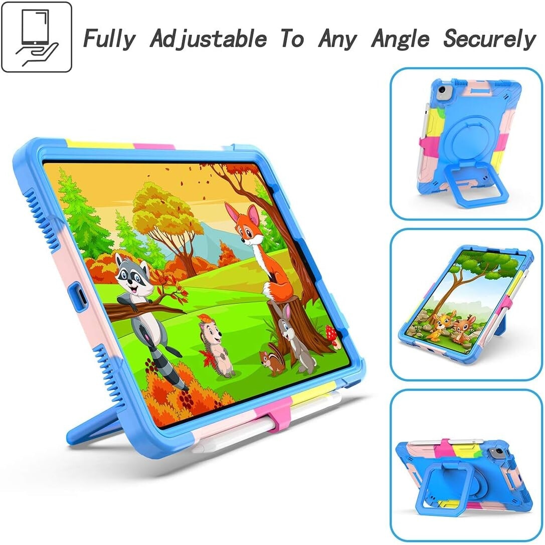 Husa premium Sigloo pentru Apple iPad Air 11, Air 5, Air 4, (11/10.9 Inch) – Protectie Completa, Suport Creion, Stand 360°, Maner Rotativ, Curea de Umar, Anti-Soc, Rainbow + Albastru