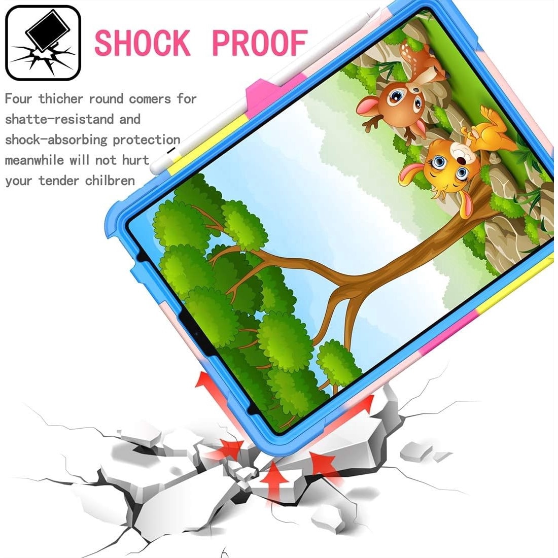 Husa premium Sigloo pentru Apple iPad Air 11, Air 5, Air 4, (11/10.9 Inch) – Protectie Completa, Suport Creion, Stand 360°, Maner Rotativ, Curea de Umar, Anti-Soc, Rainbow + Albastru