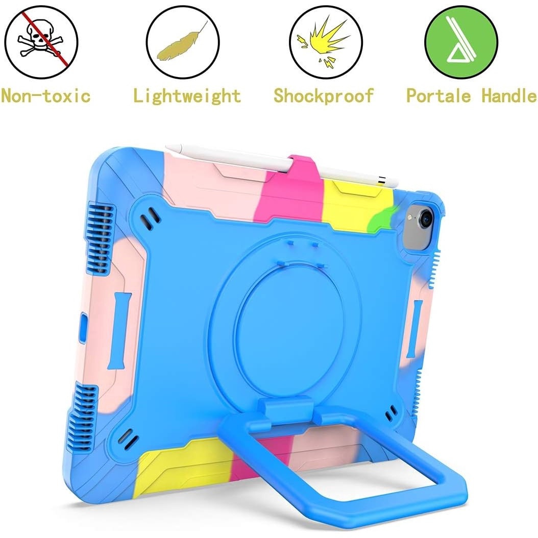 Husa premium Sigloo pentru Apple iPad Air 11, Air 5, Air 4, (11/10.9 Inch) – Protectie Completa, Suport Creion, Stand 360°, Maner Rotativ, Curea de Umar, Anti-Soc, Rainbow + Albastru