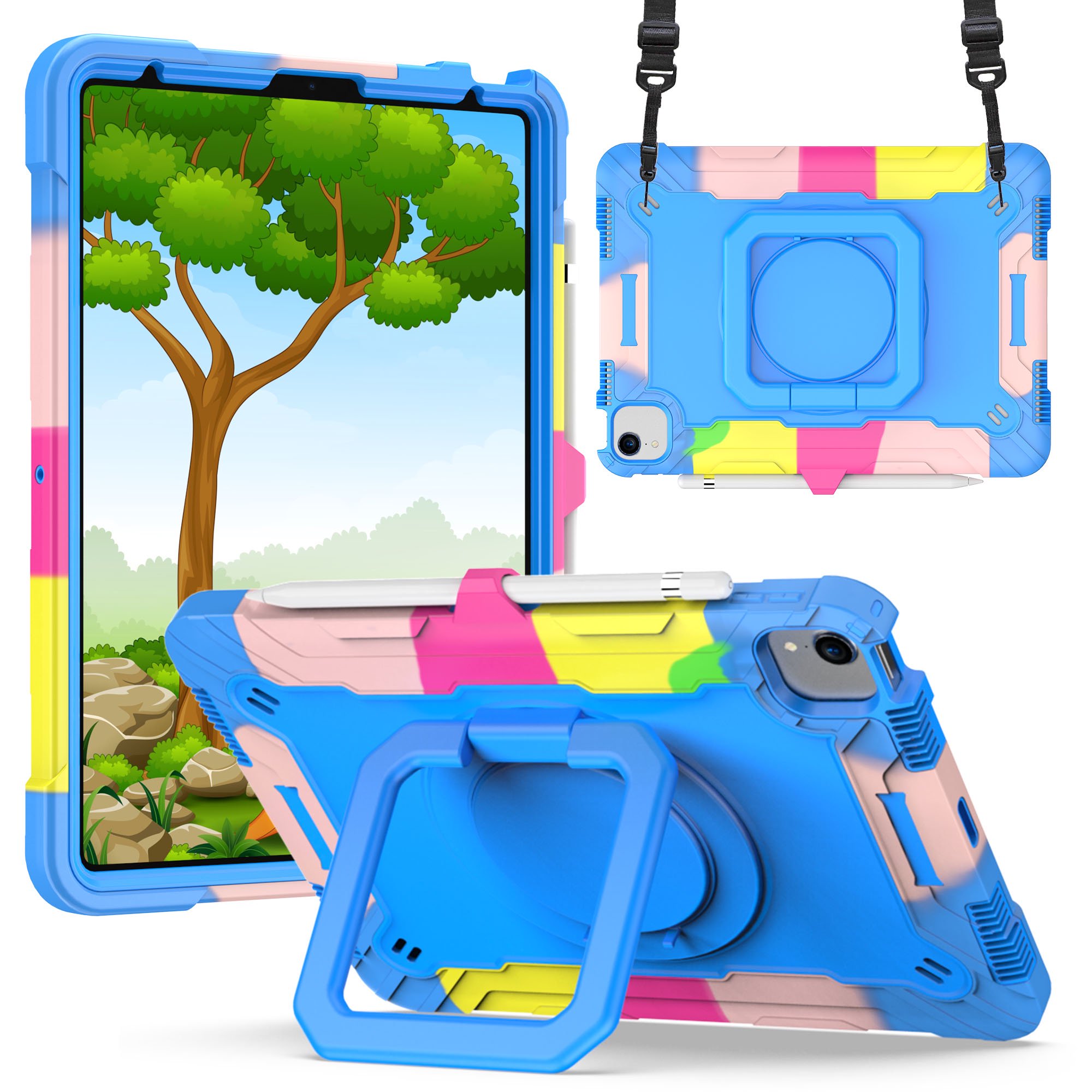 Husa premium Sigloo pentru Apple iPad Air 11, Air 5, Air 4, (11/10.9 Inch) – Protectie Completa, Suport Creion, Stand 360°, Maner Rotativ, Curea de Umar, Anti-Soc, Rainbow + Albastru