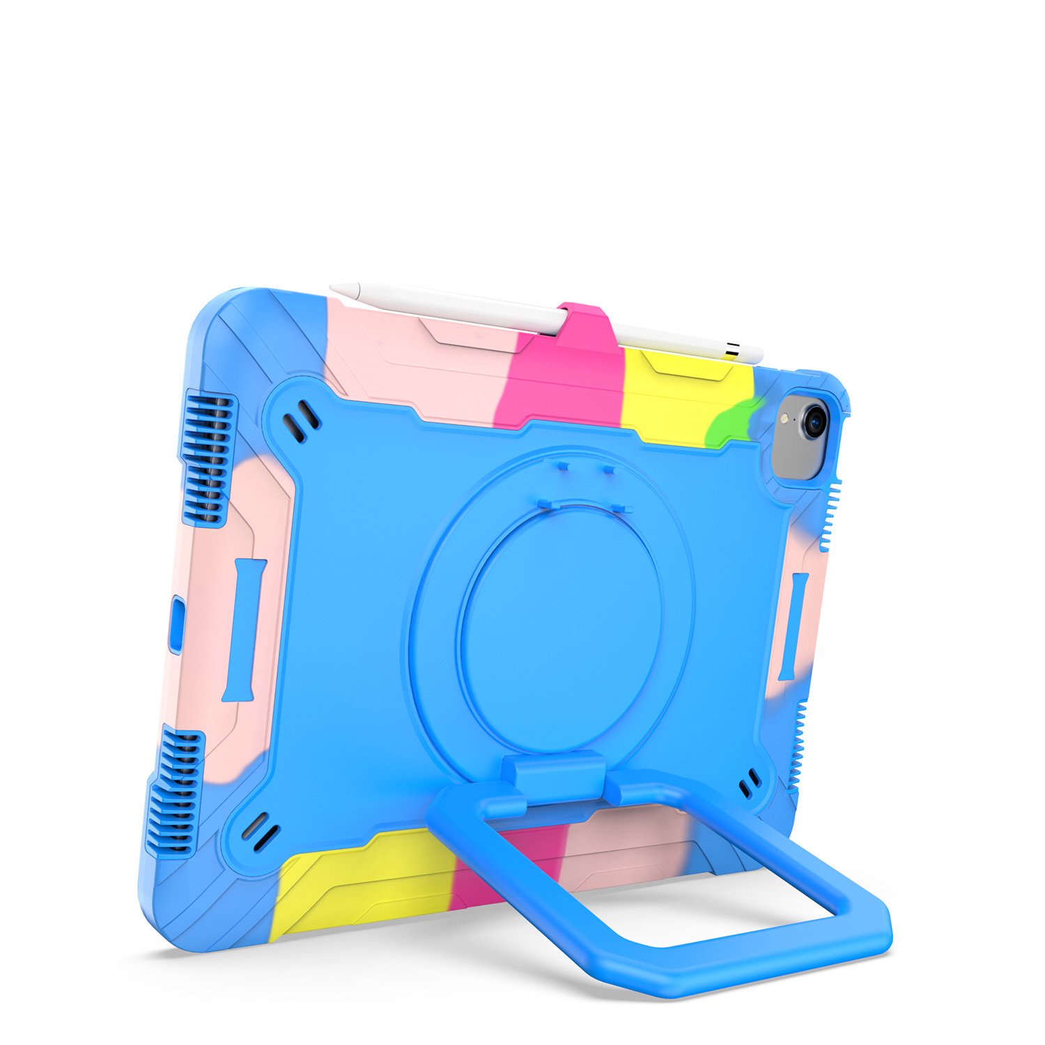 Husa premium Sigloo pentru Apple iPad Air 11, Air 5, Air 4, (11/10.9 Inch) – Protectie Completa, Suport Creion, Stand 360°, Maner Rotativ, Curea de Umar, Anti-Soc, Rainbow + Albastru