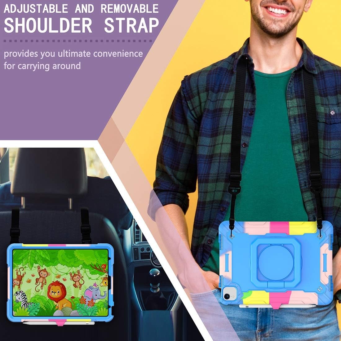 Husa premium Sigloo pentru Apple iPad Air 11, Air 5, Air 4, (11/10.9 Inch) – Protectie Completa, Suport Creion, Stand 360°, Maner Rotativ, Curea de Umar, Anti-Soc, Rainbow + Albastru
