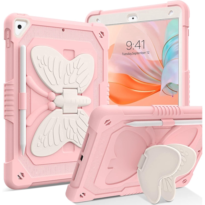 Sigloo Case, за таблет Apple iPad 9th Gen (2021), iPad 8th Gen (2020), iPad 7th Gen (2019) – Пълна защита, стойка тип пеперуда и презрамка, държач за писалка, розов