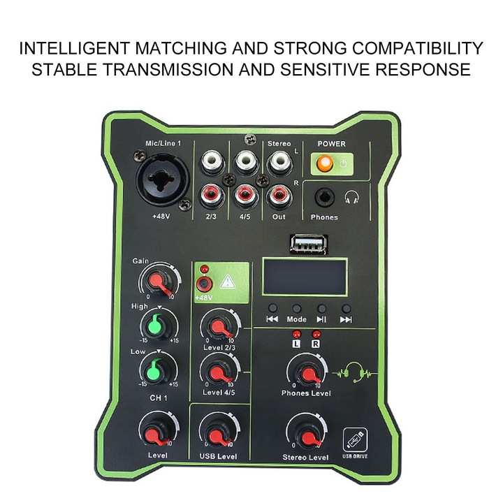Jormftte mini audio mixer, 5 csatornás, XLR támogatás, Bluetooth, U Disk lejátszás, kompakt méret