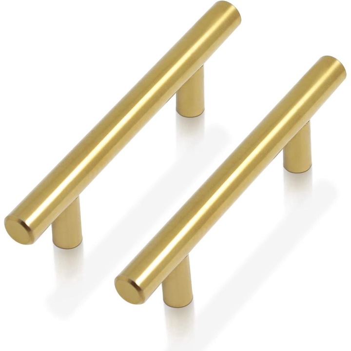 Set de 12 Manere pentru Mobilier, Probrico, din Otel Inoxidabil, in forma de T, Distanta gauri 76mm/Lungime 127mm, auriu