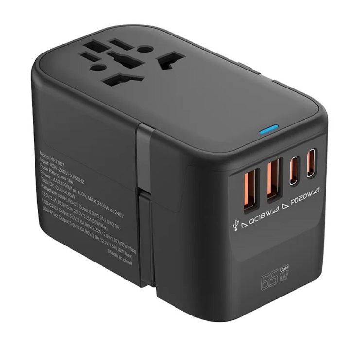 RRtravel HHT907 65W GAN Универсален към универсален 4-портов захранващ адаптер (Тип-C / 2xUSB / 2xType-C кабел) САЩ ЕС UK AU САЩ (черен)