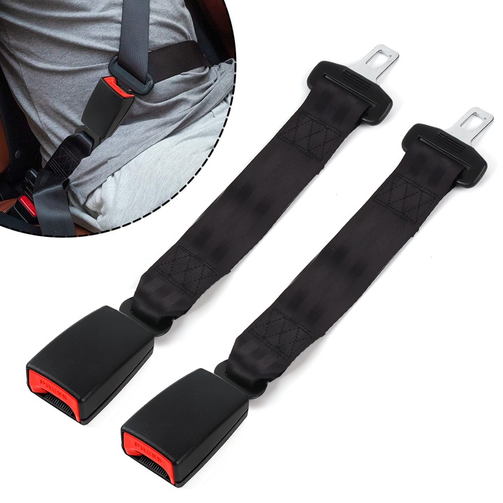 2 db biztonsági öv hosszabbító készlet, univerzális, 38cm, Minőségi biztonsági öv adapter, Autós biztonsági öv hosszabbító, a legtöbb autóalkatrészhez alkalmas, Fekete/Piros