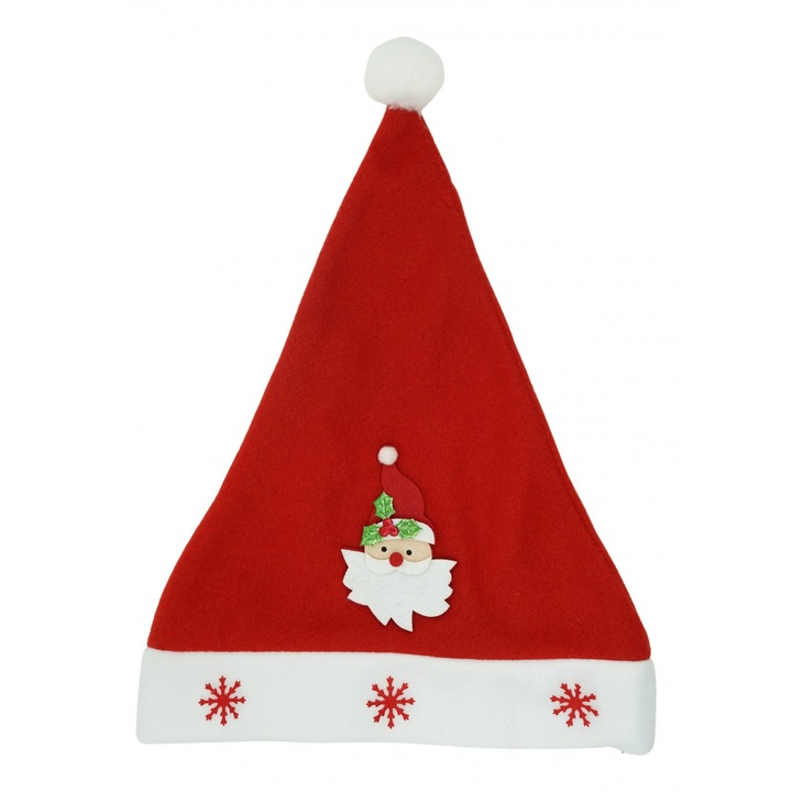 Caciulita de Mos Craciun, By Fitilomania, cu model de Mos Craciun si ornament fulg de nea, rosie, marime universala, material textil