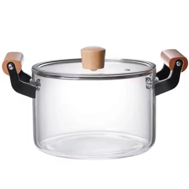 Тенджера от боросиликатно стъкло - 3,5 литра, термоустойчива, прозрачна, с капак и дървена дръжка, за готвене и сервиране, Next Trend