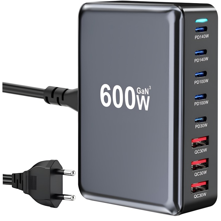 Statie de Incarcare USB 600W GaN PRO 8 in 1, 5 USB-C & 3 USB-A, Incarcare Ultrarapida pentru 8 Dispozitive, Protectie si Disipare Eficienta a Caldurii, Incarcare Universala pentru Laptopuri & Telefoane, Compacta si Puternica, Staryon®, Negru