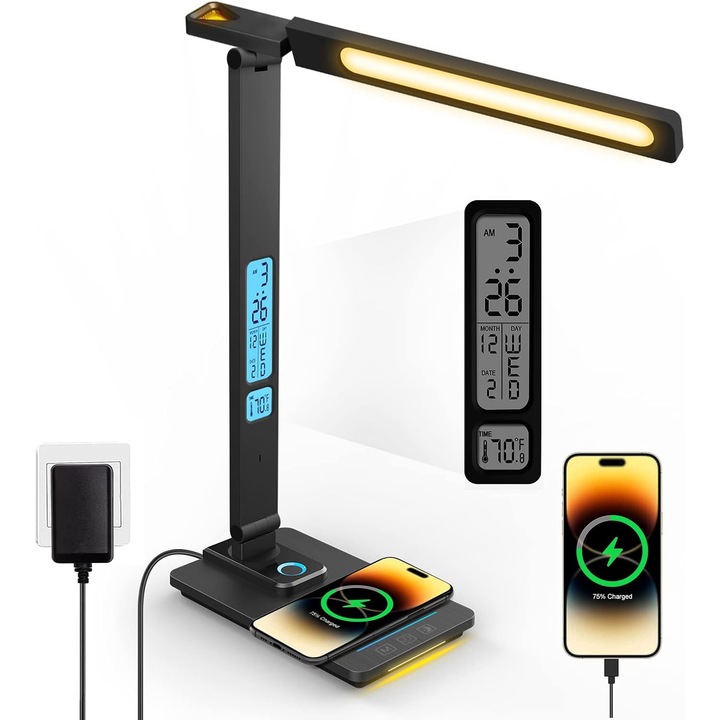Lampa de birou cu incarcarcator wireless pentru telefon iOs si Android, afisaj ora, data, temperatura, 5 moduri de lumina, 5 intensitati, control tactil, 2 lumini de veghe, Ideas4Comfort®, negru