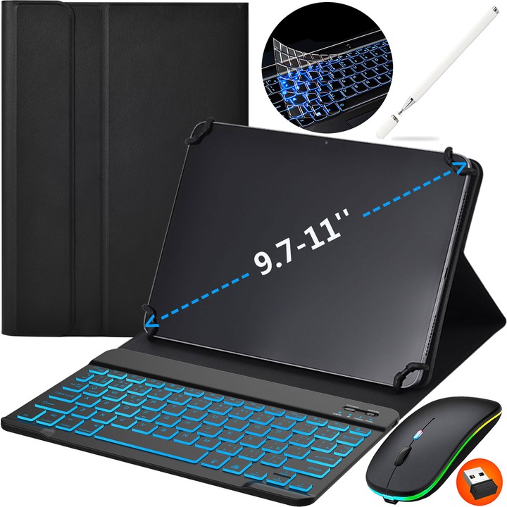 Vezeték nélküli Bluetooth billentyűzettok, 9,7”-11”-es táblagépekhez, univerzális, 7 háttérvilágítású szín, mágneses, levehető, billentyűzetet, egeret, érintőceruzát és szilikon billentyűzetvédőt tartalmaz, fekete