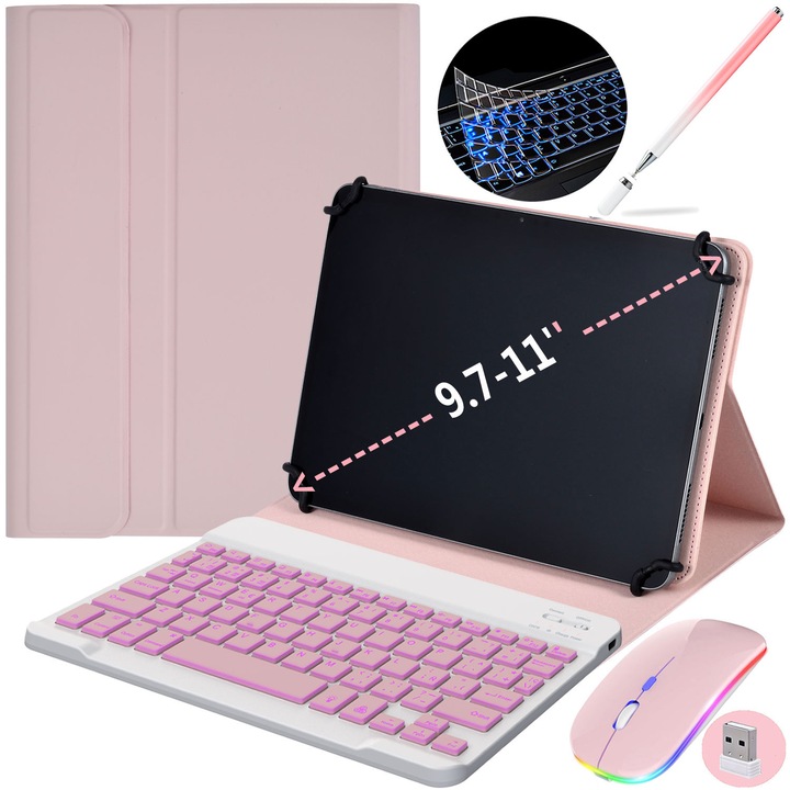 Husa Cu Tastatura Bluetooth Wireless, JODAKOR®, Pentru 9.7” Pana la 11” Tabletele, Universal, 7 Culori Retroiluminate, Magnetica, Detasabila, Include Tastatura, Mouse, Stylus Pen, Roz