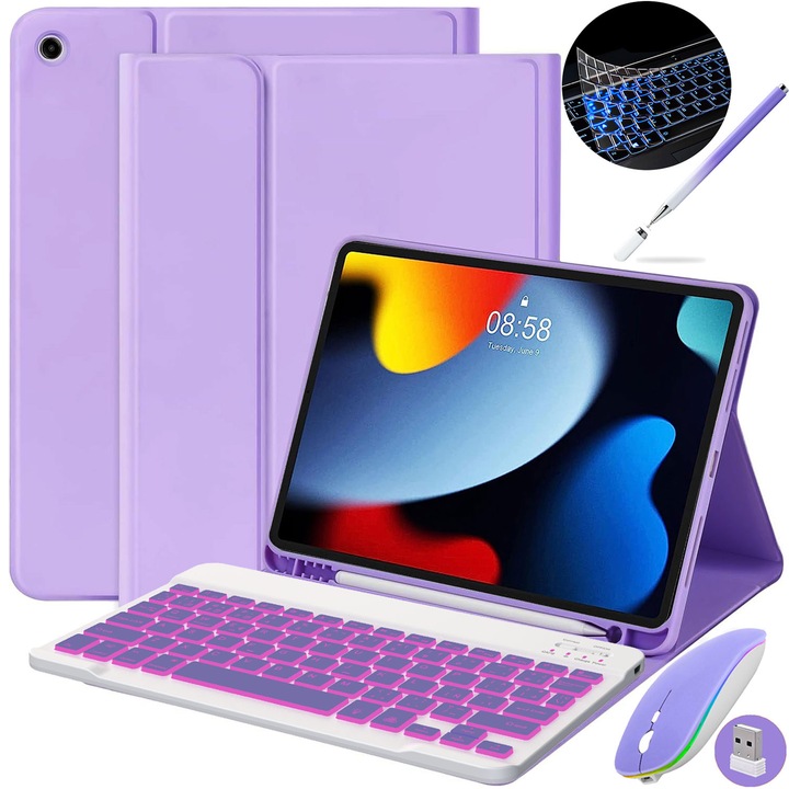 Калъф-клавиатура за Apple iPad, JODAKOR®. В 7 цвята, за iPad 10.2" 7th Gen. 2019 / 8th Gen. 2020 / 9th Gen. 2021, Wireless, Bluetooth, Автоматично заспиване/събуждане, Включва мишка, капацитивен химикал, силиконов мембранен калъф за клавиатура, Лилав
