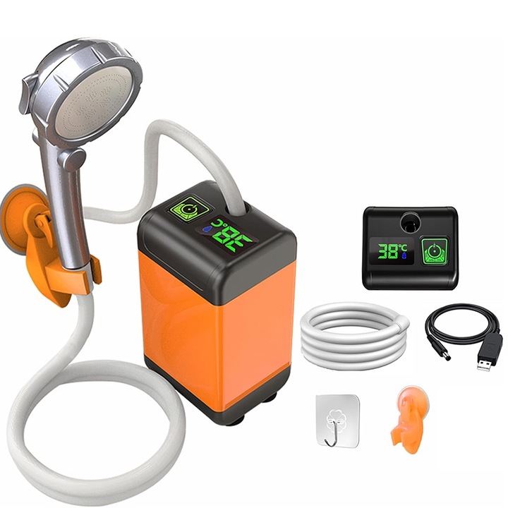Dus portabil pentru camping, Rqiurpn, set cu cap de dus si furtun, 7800 mAh, afisaj temperatura, 6-8 litri/minut, IPX Impermeabil, Ventuza, Carlig, 2 metri