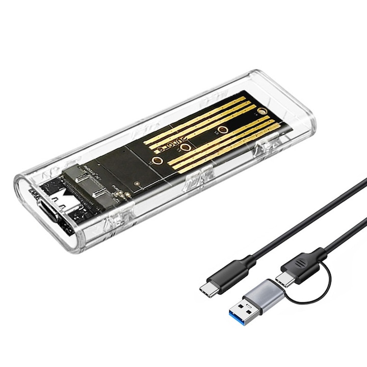 Прозрачен външен калъф за SSD, поддръжка на двоен протокол NVMe/SATA M.2, скорост 10 Gbps, USB 3.2 тип C, съвместим с няколко операционни системи