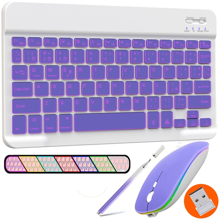 Tastatura si Mouse Bluetooth, Conectati 3 Dispozitive in Acelasi Timp, Pentru iPad/iPhone/PC/laptop, 7 Culori Retroiluminate, Include Tastatura, Mouse, Stylus Pen, Protectie Siliconica Pentru Tastatura, Violet
