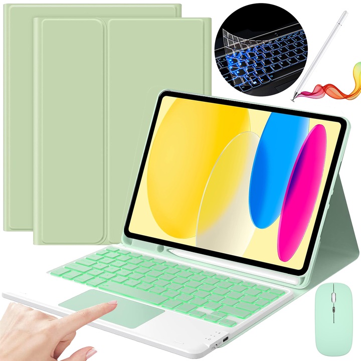Érintőpados billentyűzetes tok iPad 10. generációs (2022) 10.9"-hez és iPad 11 (A16) 2025-höz, vezeték nélküli, Bluetooth, 7 színű háttérvilágítás, tollal, egérrel, szilikon billentyűzetmembránnal, világoszöld
