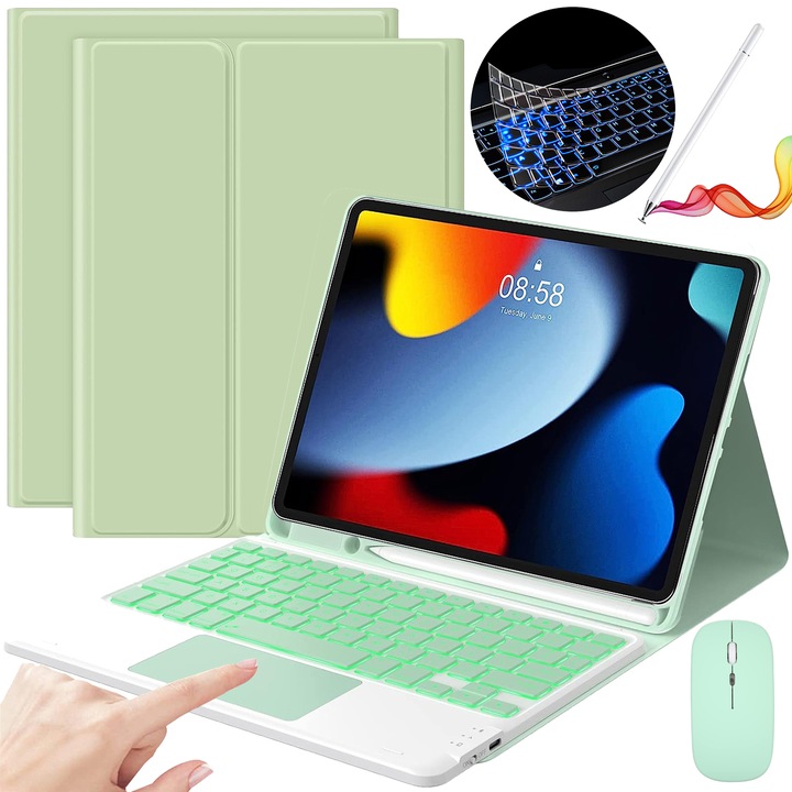 Husa Cu Tastatura Touchpad Pentru iPad 10.2" 9th 8th 7th Gen., Air 3rd, Pro 10.5", Fara fir, Bluetooth, Iluminare De Fundal in 7 Culori, Cu Stilou, Mouse, Membrana Din Silicon Pentru Tastatura, Verde Deschis