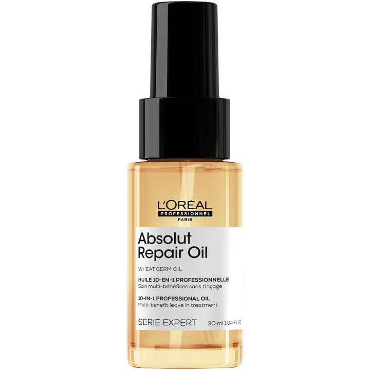 Масло за коса L'Oreal Professionnel Serie Expert Absolut Repair, Множество предимства, Без отмиване, За суха и увредена коса, С масло от пшеничен зародиш и протеини за преструктуриране и възстановяване на фибрите, Без СУЛФАТИ, 30 мл