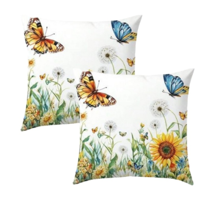 Set 2 Perne Decorative cu Umplutura, Fluturi, cu Fermoar, Husa Detasabila, 45x45 cm, pentru canapea, pentru terasa, pentru pat