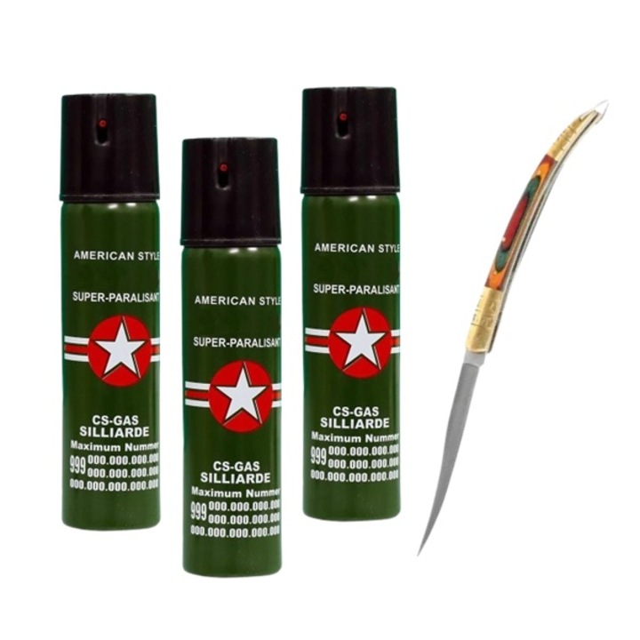 Комплект за самозащита, Без марка, Три лютиви спрея и испански нож, 110 мл и 15 см, Зелен, 4 броя