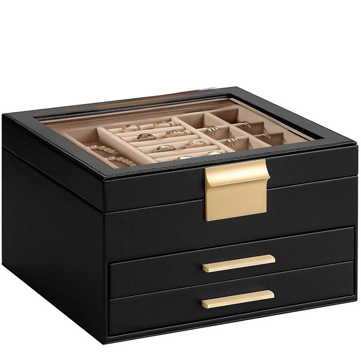 Кутия за бижута, органайзер с прозрачен капак, Fudisenn®, място за съхранение с 3 чекмеджета за колиета, пръстени, обеци, верижки, гривни, кадифена вътрешност, множество отделения, черна еко кожа, 23×20×13,5 см