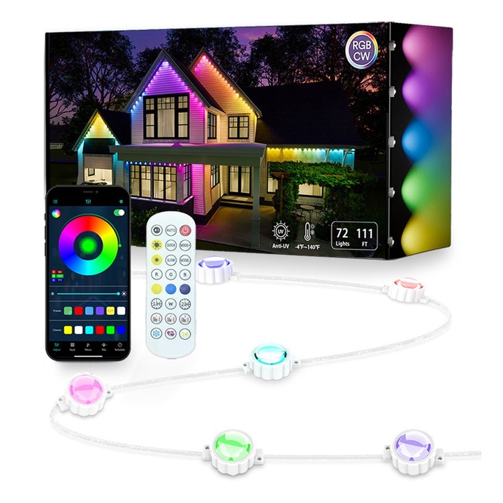 Banda LED flexibila multicolora, 30.8m, controlata prin aplicatie, sincronizare muzicala, IP67, pentru exterior/interior