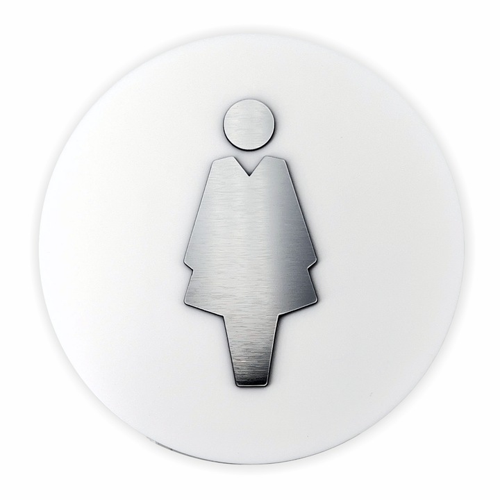 Indicator WC, Semn pentru toaleta femei, acril, alb si argintiu, rotund 14cm