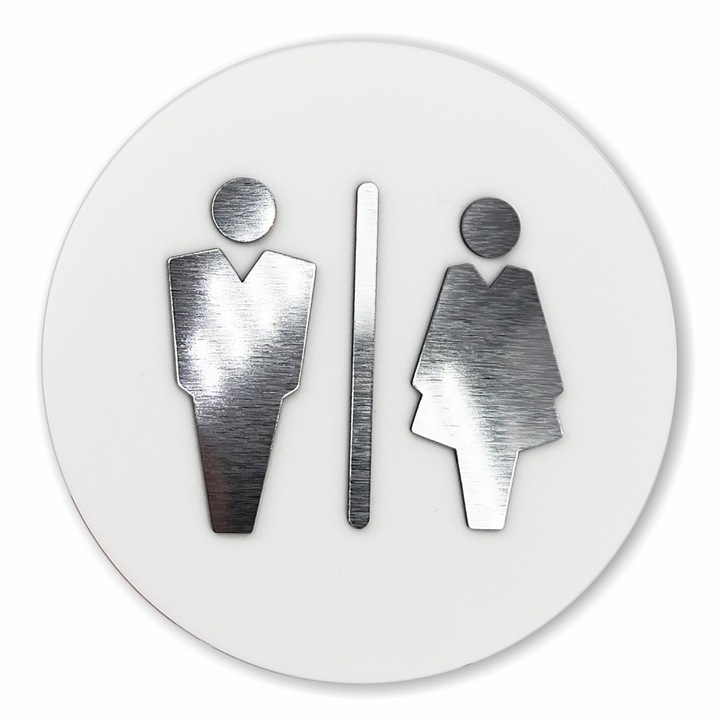 Indicator WC, Semn pentru toaleta barbatilor si femeilor acril, alb si argintiu, rotund 14cm