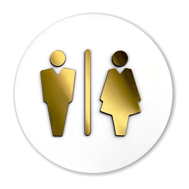 Indicator WC, Semn pentru toaleta barbatilor si femeilor acril, alb si auriu, rotund 14cm